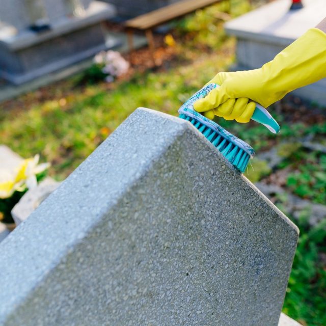 Nettoyage d'une stèle en granit — résultat après démoussage professionnel